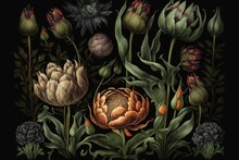 Flowers Painted On A Black Background, Creating A Dramatic And Bold Contrast. Generative AI