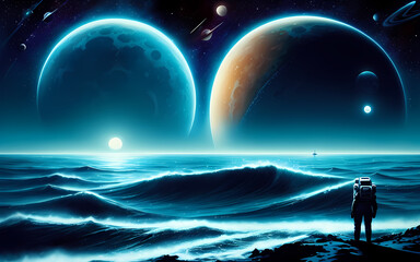 Wall Mural - lost astronaut in the ocean on an alien planet, displaying in the background the moon & other planet