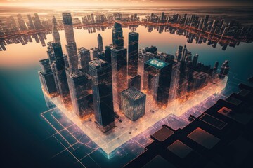 Wall Mural - urban skyline with towering skyscrapers seen from an aerial perspective. Generative AI