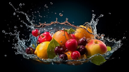  Fruit splashing in water on a black background.generative ai