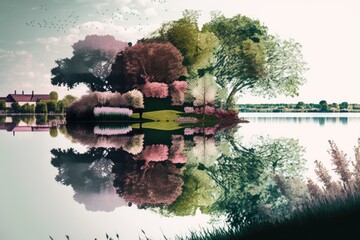 Canvas Print - serene lake surrounded by trees in a natural setting. Generative AI