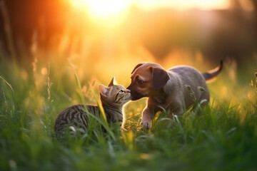 Dog and cat playing in the grass, Generative AI, Generative, AI