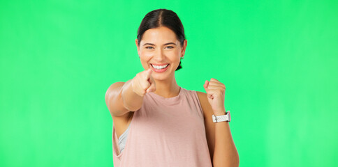 Wall Mural - Celebration, excited and face of woman on green screen for good news, winning and promotion in studio. Success, happy mockup and portrait of isolated girl point, cheering and clap hands for victory