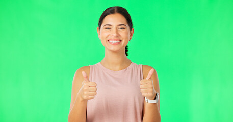 Wall Mural - Happy woman, hands and thumbs up on green screen for fitness, agreement or winning against a studio background. Portrait of sporty female showing thumb emoji, yes sign or like for good job on mockup