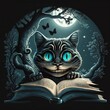 The cheshire cat with big eyes and a smile reads a book cartoon drawing.