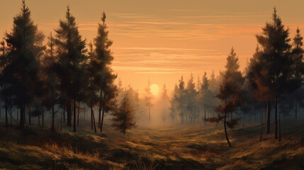 Wall Mural - sunrise in forest.generative ai