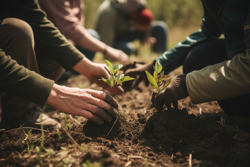 People planting seedlings into soil, volunteers working with saplings, generative AI.