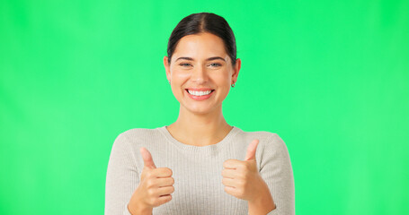 Poster - Happy woman, hands and thumbs up on green screen for agreement, good job or winning against a studio background. Portrait of female smile showing thumb emoji, yes sign or like for winning on mockup