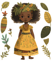 Cartoon Cute African Little Girl With Flower Isolated, Ai Art