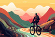 Man bicycling between the mountains and the beach. Healthy activity. Bike trip. Ecological transportation. Vector art of biker traveling. Sport athlete competing. Hipster lifestyle vacation.