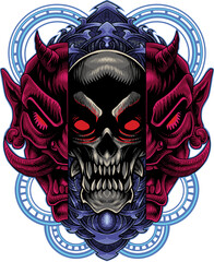 Sticker - Skull head with oni mask mascot