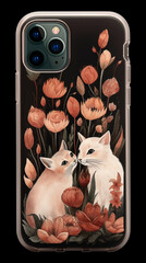 Sticker - Cartoon phone cases with two cats and flowers in the background