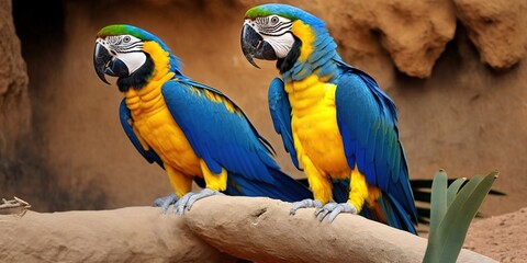 Wall Mural - Birds of paradise, the yellow and blue macaws of Guayaquil's ancient park Generative AI