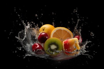  Photo group of fresh fruits with splash water Generative AI
