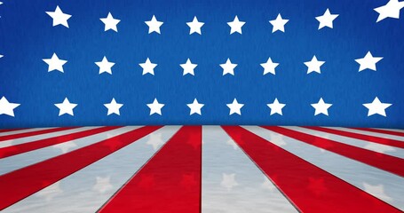 Wall Mural - animation of white stars on blue background and white and red stripes on seamless loop