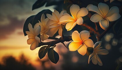 Wall Mural - Plumerias, both white and yellow, blooming on a tree at sunset Generative AI