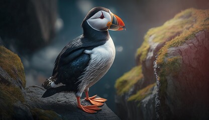 Wall Mural - A puffin from the Atlantic can be seen perched vertically on a boulder in the Norwegian countryside. Generative AI
