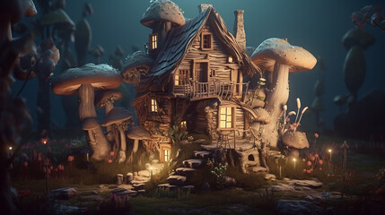 Wall Mural - Magic forest village landscape with little houses. Flower and mushroom fantasy homes for gnomes