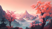 Illustration Of A Mountain Dawn Landscape With Sakura Blossoms. Oriental Background