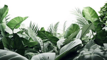 big green leaves of exotic palm tree in sunshine on white background. Tropical plant foliage