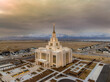 Saratoga Springs, Utah with an LDS temple in the foreground and a lake and mountains in the background