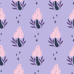 Wall Mural - Mystical vector seamless pattern with fantasy mushroom. Hand drawn magical fungi illustration. Fairy background. Whimsical print for fabric, wrapping, digital paper.