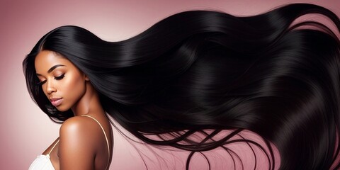 Beautiful black woman with a long shiny hair, generative ai