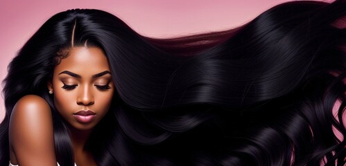 Wall Mural - Beautiful black woman with a long shiny hair, generative ai