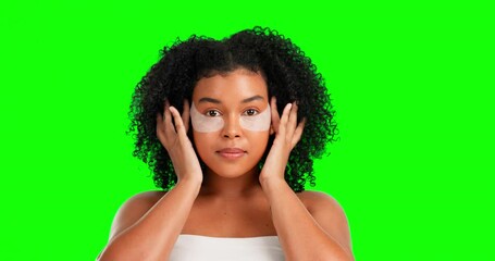 Wall Mural - Eye patches, beauty and black woman on green screen for facial treatment, skincare and cosmetics. Dermatology, spa and portrait of girl with pads for anti aging, wrinkles and face wellness in studio