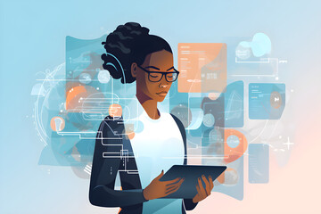 Flat vector illustration Black woman holding tablet computer, ERP overlay and diagrams, research and programming innovation of future applied technology. Future Web, Analytics and Developers for Start