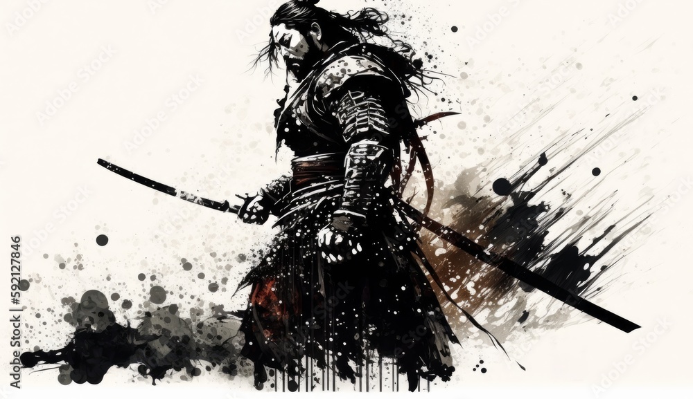 刀を構える侍の水墨画：AI作品 の Stock イラスト | Adobe Stock