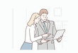 © autumnn - Business colleagues looking at tablet in office. Hand drawn style vector design illustrations.