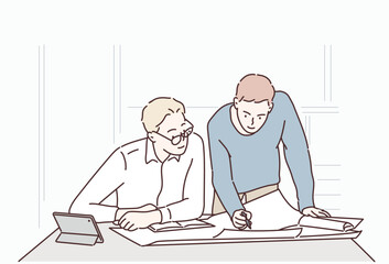 Wall Mural - two businessmen consulting a report together on a desk at office. hand drawn style vector design ill