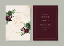Watercolor wedding invitation card template with burgundy and emerald green flower decoration
