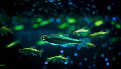 Wall Mural - Neon Tetras under a Black Light