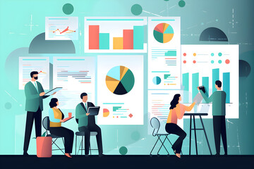 flat vector illustration graph, tablet or business people in meeting planning kpi, strategy or data 