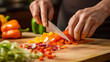 man cuts vegetables on a cutting board, multicolor. Generative Ai