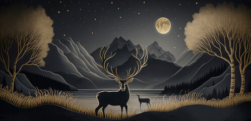 Wall Mural - Dark night landscape is depicted on a modern art mural wallpaper, Generative AI 
