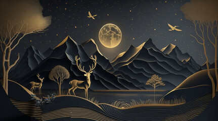 Wall Mural - Dark night landscape is depicted on a modern art mural wallpaper, Generative AI 