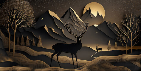 Wall Mural - Dark night landscape is depicted on a modern art mural wallpaper, Generative AI 