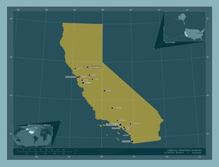 Canvas Print - California, United States of America. Solid. Labelled points of cities