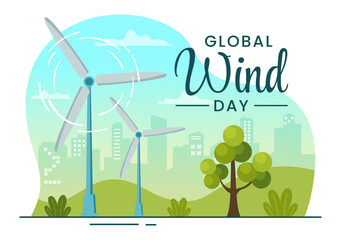 global wind day vector illustration on june 15 with earth globe and winds turbines on blue sky in fl
