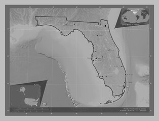 Florida, United States of America. Grayscale. Labelled points of cities