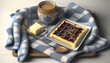 Belgian waffle and milk in a mug on a scarf. Generative AI