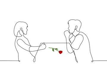 Wall Mural - man and a woman sit at a table opposite each other on the table lies a red rose - one line drawing vector. date concept, blind date