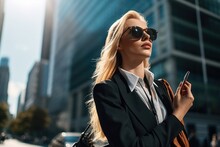 Attractive Businesswoman In Sunglasses Holding Smartphone And Looking Away In City, Generative AI