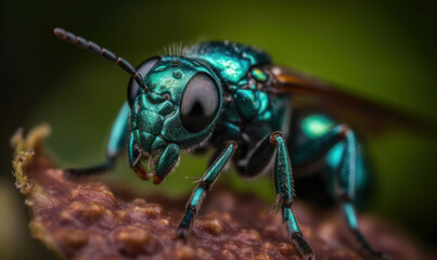 macro photo of Cuckoo Wasp in its natural habitat outdoors. close up photography. Generative AI