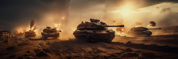 Wall Mural - battle modern tanks in war on battlefield with explosions and smoke. Generative AI illustration