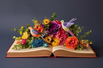 Poster - Open book with a bouquet of colorful flowers on a dark background, Generative AI