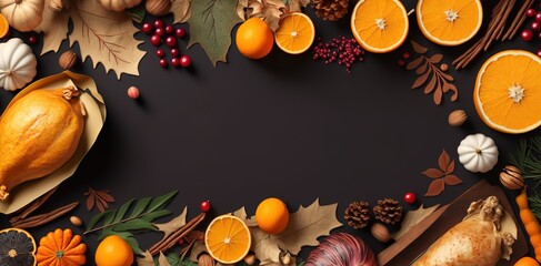 Wall Mural - Top view thanksgiving food border composition with copy space Generative AI